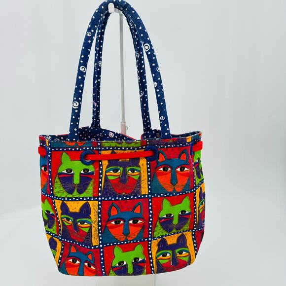 Laurel Burch Canvas Drawstring Tote Bag Purse Red Blue Cats Beaded Vintage - Picture 5 of 9
